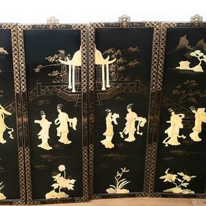 Set of 4 Oriental Black Lacquer Wall Art With Mother Of Pearl Inlay